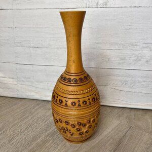 Wood Vase Whimsical Stamp Pattern Primitive Farmhouse Rustic Decor